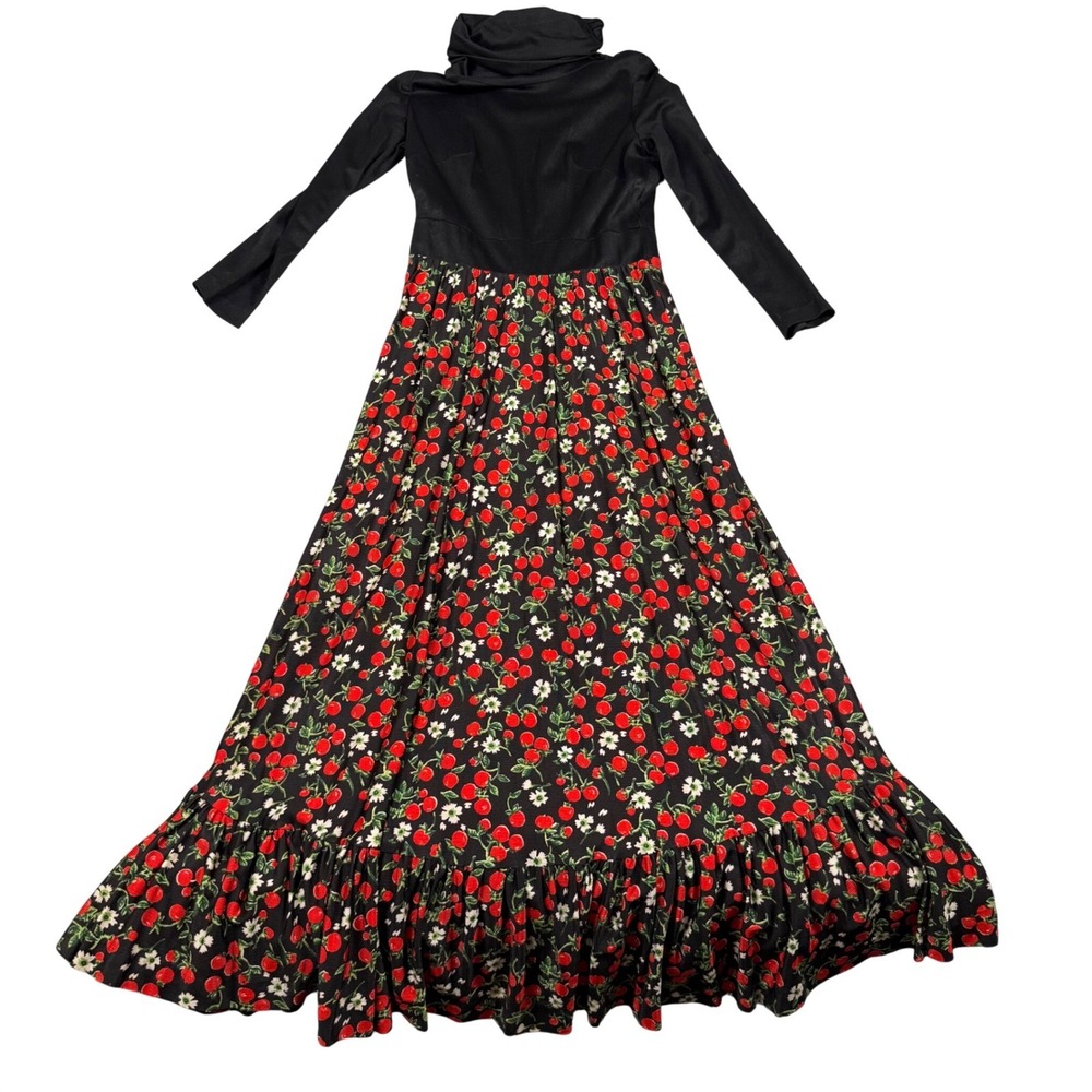Vintage 70s ILGWU Cherry Print Maxi Dress Black Modest Cottage Core Prairie 12